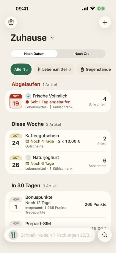 Eine Liste mit Lebensmitteln, Gutscheinen, Treuepunkten und SIM, mit Kategoriefilter