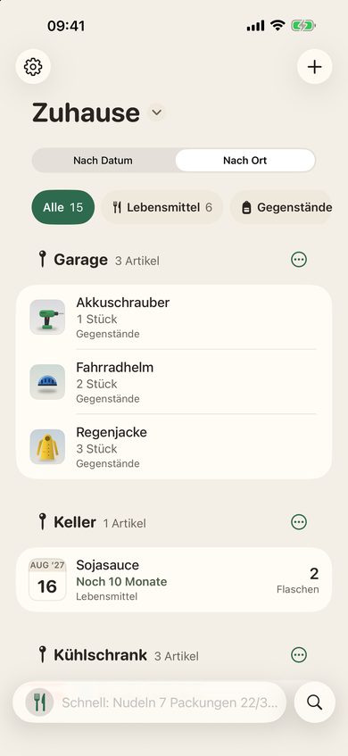 Die Liste „Nach Ort“: Kühlschrank, Schrank, Garage, jeweils mit den Artikeln dort