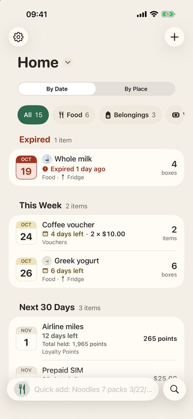 One list with food, vouchers, loyalty points and a SIM, with category filter chips