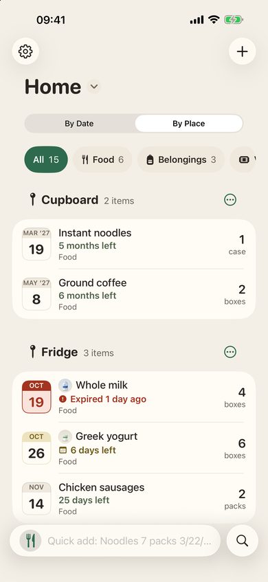 The list “By Place”: fridge, cupboard, garage, each with the items kept there