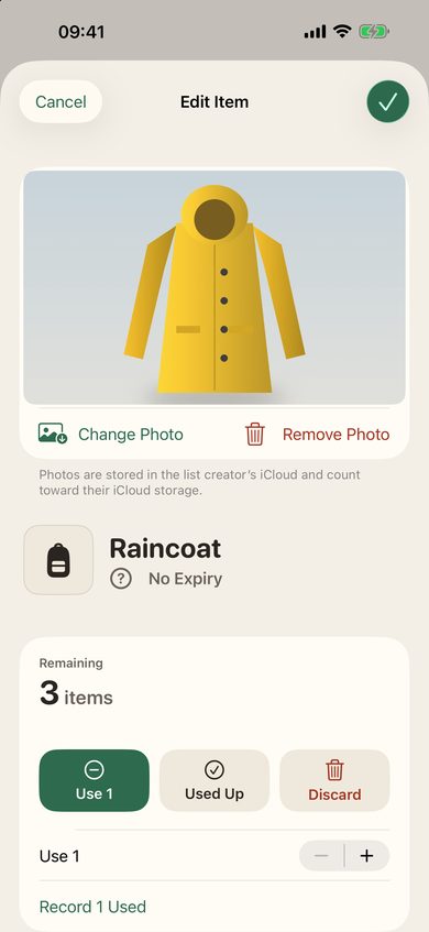 A Belongings item with no expiry, its photo, the quantity and the use buttons