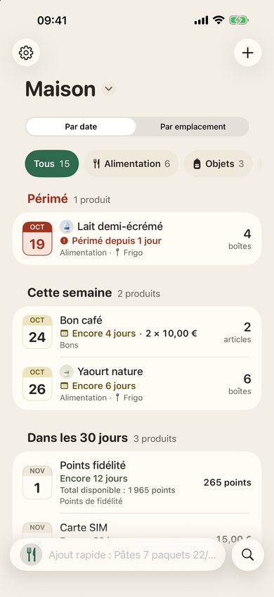 Une liste avec aliments, bons, points de fidélité et SIM, filtrée par catégorie