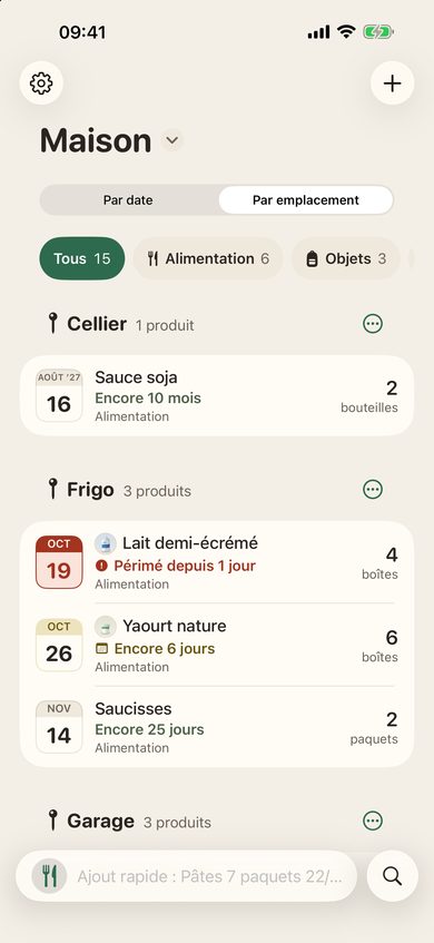 La liste « Par emplacement » : frigo, placard, garage, chacun avec ses produits