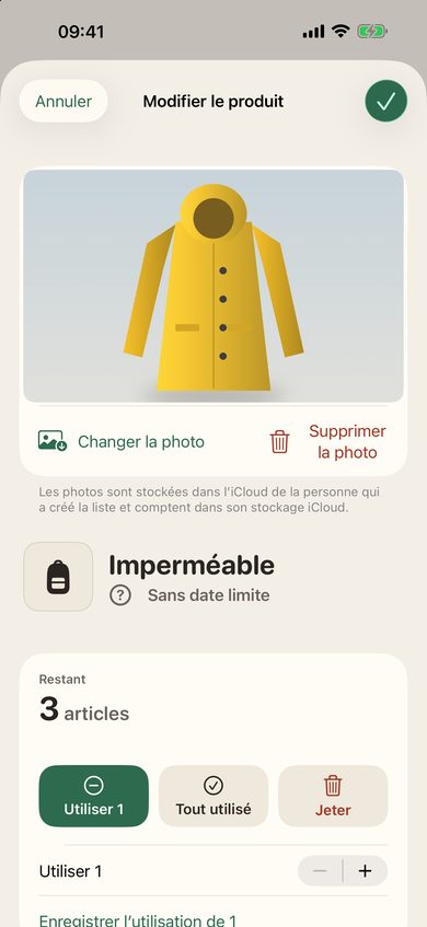 Un objet sans date limite, avec sa photo, la quantité et les boutons d’utilisation